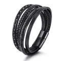 Handmade multi-layer black braided leather bracelet with black magnetic clasp for men - Plus Size / Black Leather Black Buckle