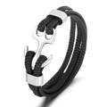 Men's nautical anchor bracelet with black braided leather rope and silver metal clasp - Black Leather Silver Anchor