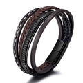 Men's multi-layer leather bracelet with brown woven bands and black magnetic clasp - Small / Brown