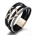 Bohemian multi-layer black leather bracelet with heart charm and magnetic clasp - Black