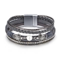 Detail of multi-layer leather bracelet with silver sea turtle charms and pearl - Gray