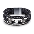 Bohemian multi-layer black leather turtle bracelet with pearls and rhinestones - Black