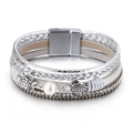 Multilayer leather wrap bracelet with silver turtles, white pearl, and magnetic clasp - Silver