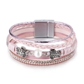 Bohemian multi-layer PU leather bracelet with silver sea turtles and white pearl - Pink