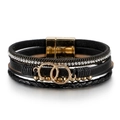Minimalist multi-layer black leather bracelet for women with gold rings and magnetic clasp - Black