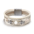 Multilayer leather wrap bracelet featuring silver turtles and white pearls in beige - Khaki