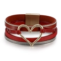 Bohemian multilayer red leather bracelet with a large gold heart and magnetic clasp - Red