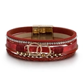 Bohemian multilayer braided leather bracelet with red glitter, rhinestones and magnetic clasp - Red