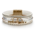 Bohemian multilayer white braided leather wrap bracelet with rhinestones and magnetic clasp - White