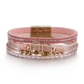Pink multi-layer bohemian leather wrap bracelet with crystal rhinestones and magnetic clasp - Pink