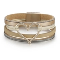 Multilayer bohemian leather wrap bracelet with golden heart charm and magnetic clasp - Khaki