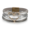 Bohemian multi-layer leather bracelet with gold heart charm and magnetic clasp - Gray