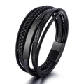 Multilayer braided leather bracelet for men with matte black metal bar and magnetic clasp - Black
