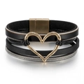 Bohemian multi-layer black leather heart bracelet with silver chains and magnetic clasp - Black 2