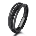Mehrlagiges Herren-Lederarmband in Schwarz mit sicherem Metall-Magnetverschluss - Schwarz