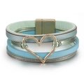 Bohemian multilayer leather wrap bracelet with mint green heart charm and magnetic clasp - Lake Blue