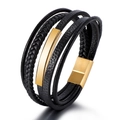 Men's multi-layer black leather bracelet with vintage gold magnetic clasp - Gold