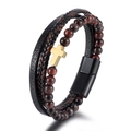 Bracciale multistrato da uomo con perline occhio di tigre, pelle intrecciata e croce - Occhio di Tigre Rosso + Croce Oro + Accessori Neri