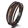 Mehrlagiges geflochtenes Lederarmband für Herren in Dunkelbraun mit Magnetverschluss - Braunes Leder Schwarzer Verschluss