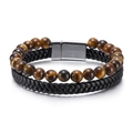Herenarmband met dubbele laag, bruine tijgeroog kralen en zwart gevlochten leren koord - Tijgeroog