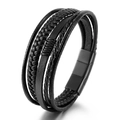 Mehrlagiges schwarzes geflochtenes Lederarmband für Herren mit schwarzem Magnetverschluss - Schwarzes Leder Schwarze Schnalle