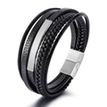 Men's multi-layer black leather bracelet with braided strands and silver magnetic steel clasp - Steel