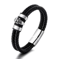 Men's double-layered black woven leather punk bracelet with silver skull and magnetic clasp - Silver