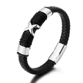 Bracciale da uomo intrecciato in pelle nera con anelli in acciaio e chiusura magnetica - Argento