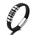 Braided black leather bracelet for men with polished stainless steel magnetic clasp - Silver