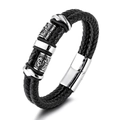Herren Armband aus zweireihigem geflochtenem Leder mit gravierten Edelstahl-Elementen - Schwarz