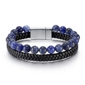 Heren armband met dubbele laag, blauwe tijgeroog kralen en zwart gevlochten lederen koord - Blauwe sodaliet