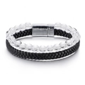 Dubbellaagse armband met heldere natuursteen kralen en zwart gevlochten leren band - Bergkristal