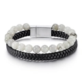 Herenarmband met dubbele laag, witte natuursteen, zwart leer en een magnetische sluiting - Geïmporteerde Labradoriet