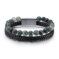 Heren armband dubbellaags met groene natuursteen kralen en zwart gevlochten leer - Mosagaat