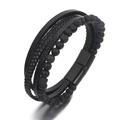 Bracelet multicouche en cuir noir pour homme avec perles de lave et fermoir magnétique - 21cm / Pierre de Lave + Pierre Mate