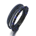 Bracciale multistrato in pelle blu da uomo con perline in pietra e chiusura magnetica - 21cm / Lapislazzuli + Pietra Opaca