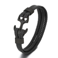 Men's multi-layer black braided leather bracelet with black polished anchor clasp - Black Leather Black Anchor