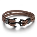 Men's dark brown braided leather anchor bracelet with black metal clasp in vintage style - Brown Leather Black Anchor