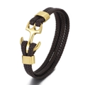 Men's multi-layer braided brown leather bracelet with golden stainless steel anchor clasp - Brown Leather Gold Anchor