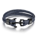 Men's double-wrap dark blue braided leather anchor bracelet with black metal clasp - Blue Leather Black Anchor