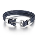 Men's navy blue braided leather anchor bracelet with polished silver metal clasp - Blue Leather Silver Anchor
