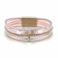 Bracelet multicouche en cuir rose et lilas avec symbole infini, strass et fermoir magnétique - Rose