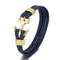 Men's multi-layer black braided leather bracelet with golden anchor clasp - Blue Leather Gold Anchor