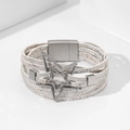 Böhmisches mehrschichtiges Lederarmband mit silbernem Stern und Magnetverschluss-Design - Silber