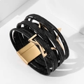 Bracelet multicouche en cuir bohème avec étoiles dorées et fermoir magnétique - Noir