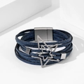 Boho mehrlagiges Lederarmband in Dunkelblau mit Stern-Anhängern und Magnetverschluss - Blau