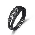 Mehrlagiges Herren-Lederarmband mit schwarzem Magnetverschluss und Metallverzierungen - Schwarz