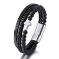 Bracciale multistrato da uomo con croce, pelle nera, corda intrecciata e perle occhio di tigre - Pietra Opaca + Croce Bianca + Chiusura Bianca
