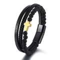 Bracciale multistrato da uomo in pelle e perline con ciondolo a croce dorata - Pietra Opaca + Croce Oro + Chiusura Nera