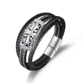 Bracciale multistrato in pelle nera da uomo con croce d'argento e chiusura magnetica - Pelle Nera Fibbia Argentata